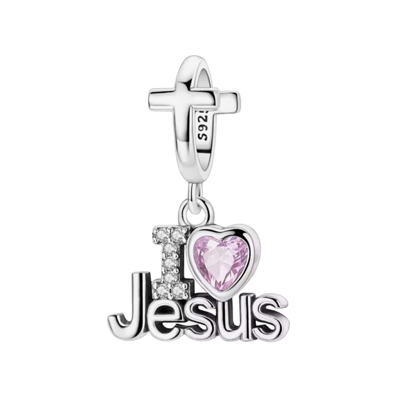 I Love Jesus Charm – Pink Heart & Cross Sterling Silver Dangle